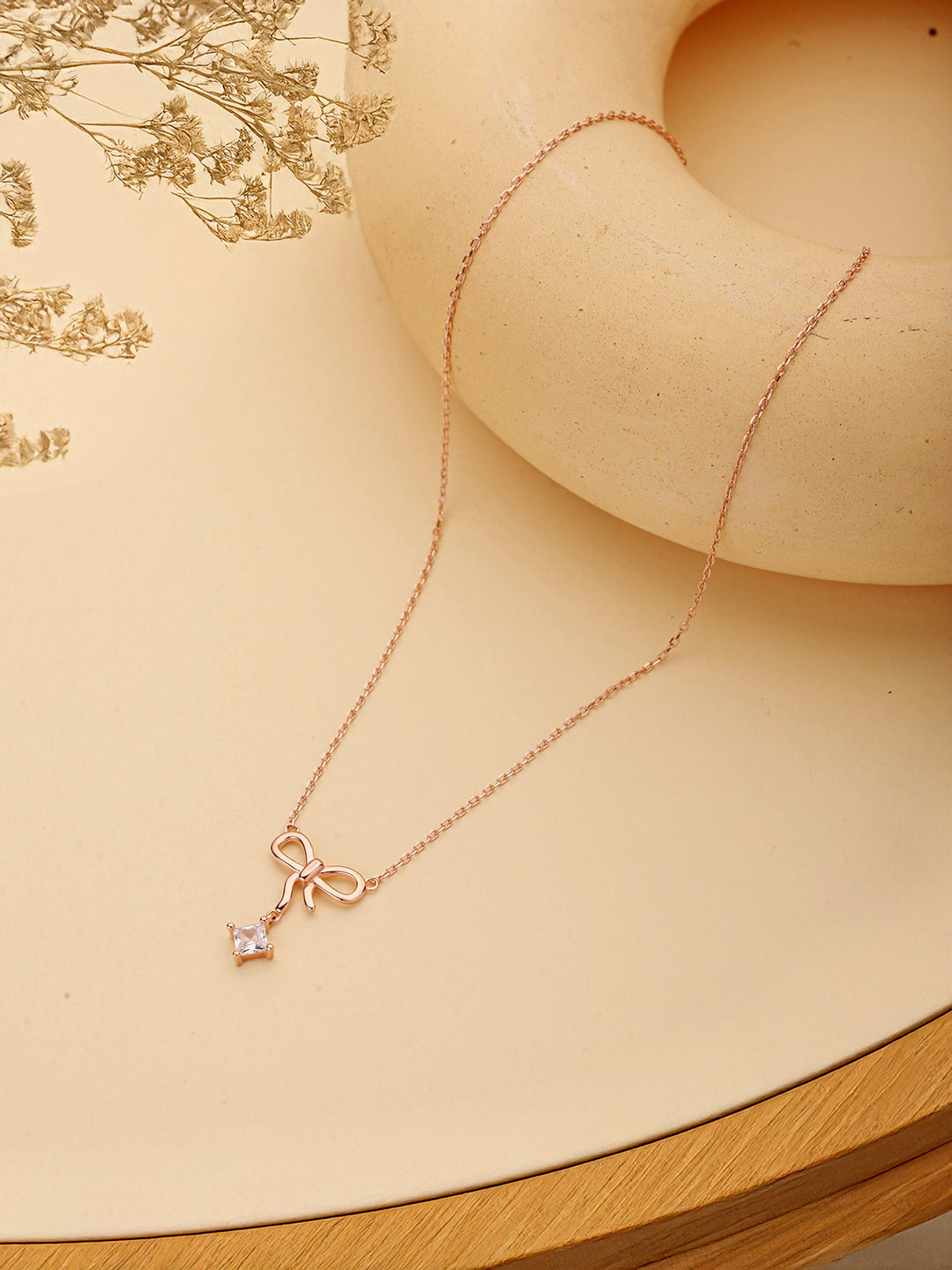 925 Sterling Silver Rose Gold AD Studded Minimal Bow Designer  Pendant Necklace & Chain